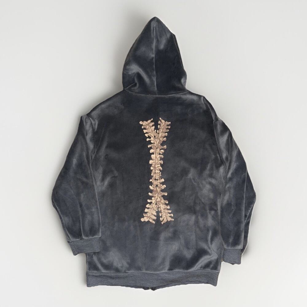 Velour Full Zip Skeleton Hoodie Gray Men’s Medium Gothic Y2K Grunge 19x25 - Picture 5 of 7